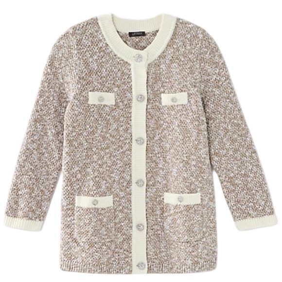 J. Jill Women’s Luxe Contrast Trimmed Knit Sweater Jacket Beige Cream Large EUC - Picture 2 of 8